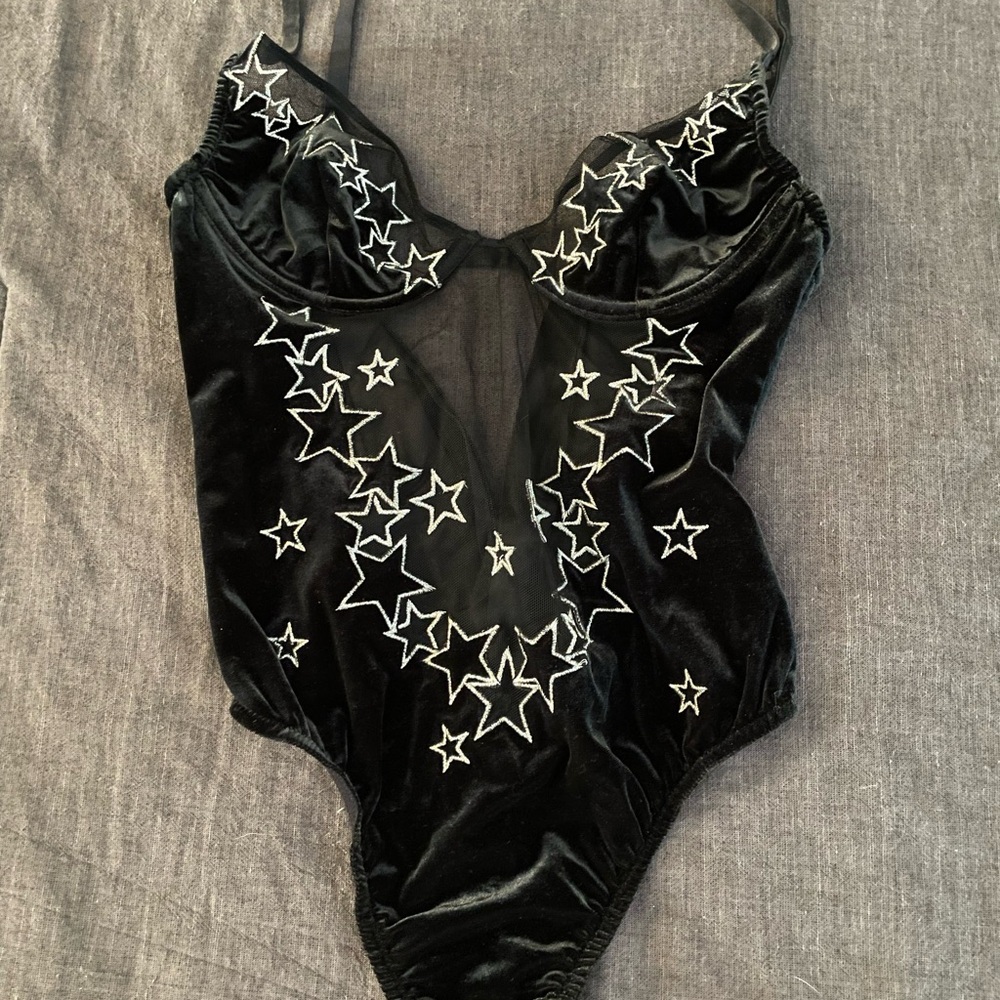 New Black Velvet Bodysuit with Star Embroidery